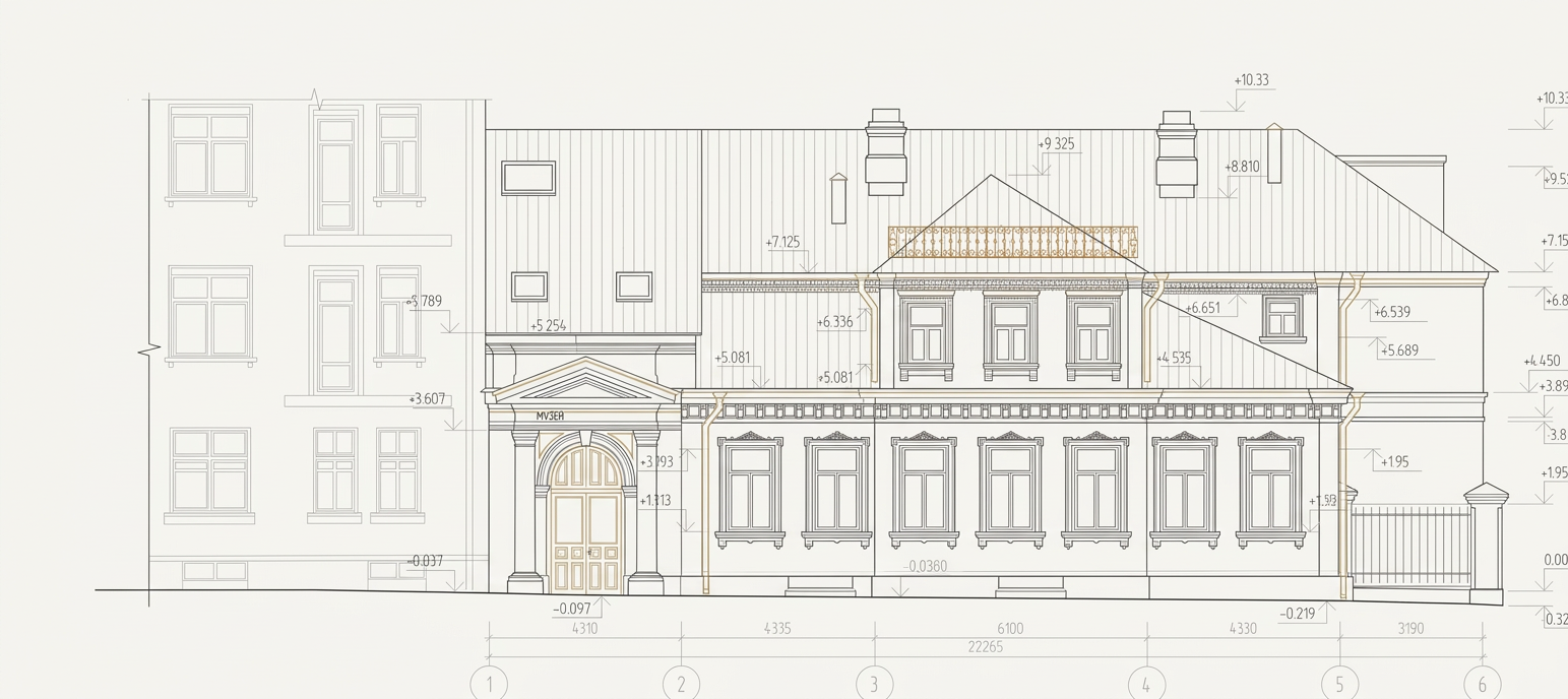 Рабочий чертёж фасада городской усадьбы Масленниковых-Петуховых
